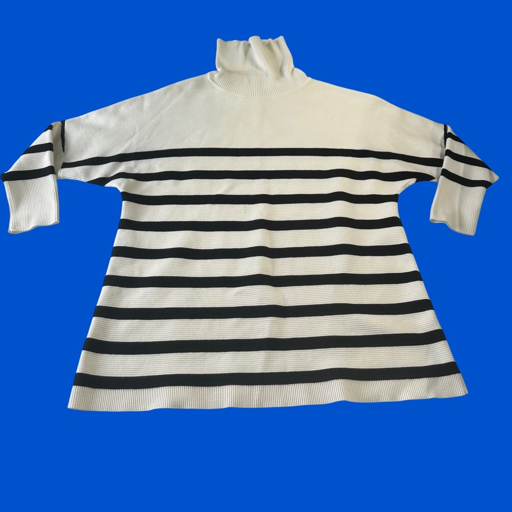 Womens Striped Turtleneck Sweater Cream Black Ribbed Knit Long Sleeve Oversize M